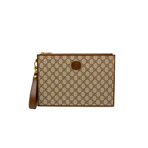 Gucci (8653) GG Supreme Monogram Zip Wristlet Brown Pouch 672953